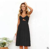 Buttoned Bow Back Strap Dress-Black-15