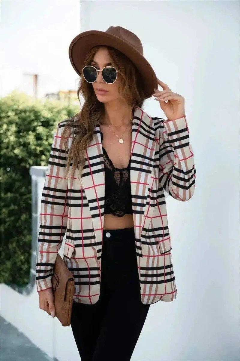 LOVEMI - Lovemi - Chic Plaid Blazer with Lace Detail