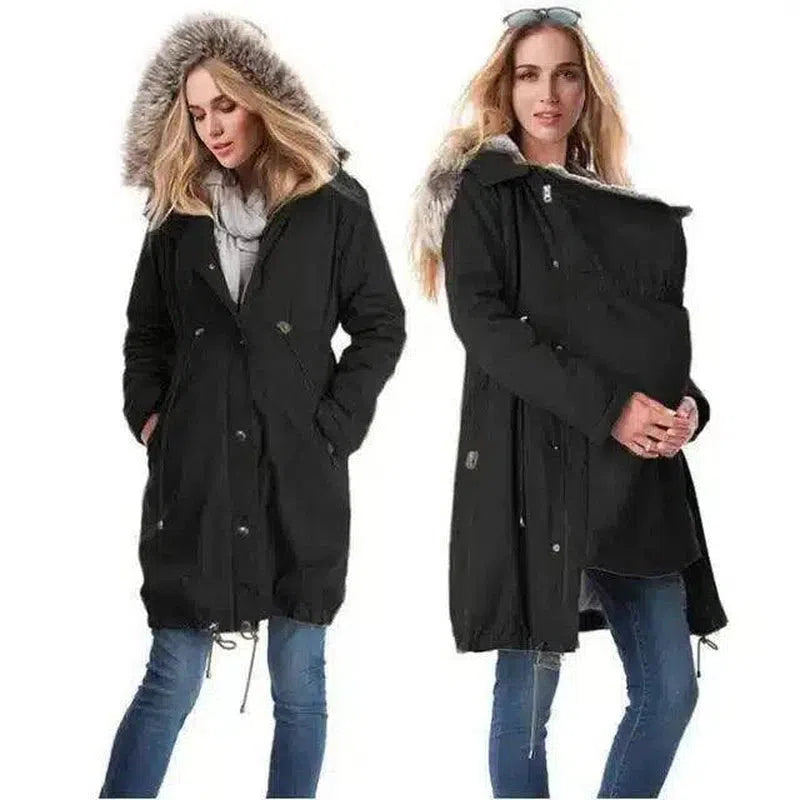 Winter Coat with Fur Hood and Button Closure-Black-1