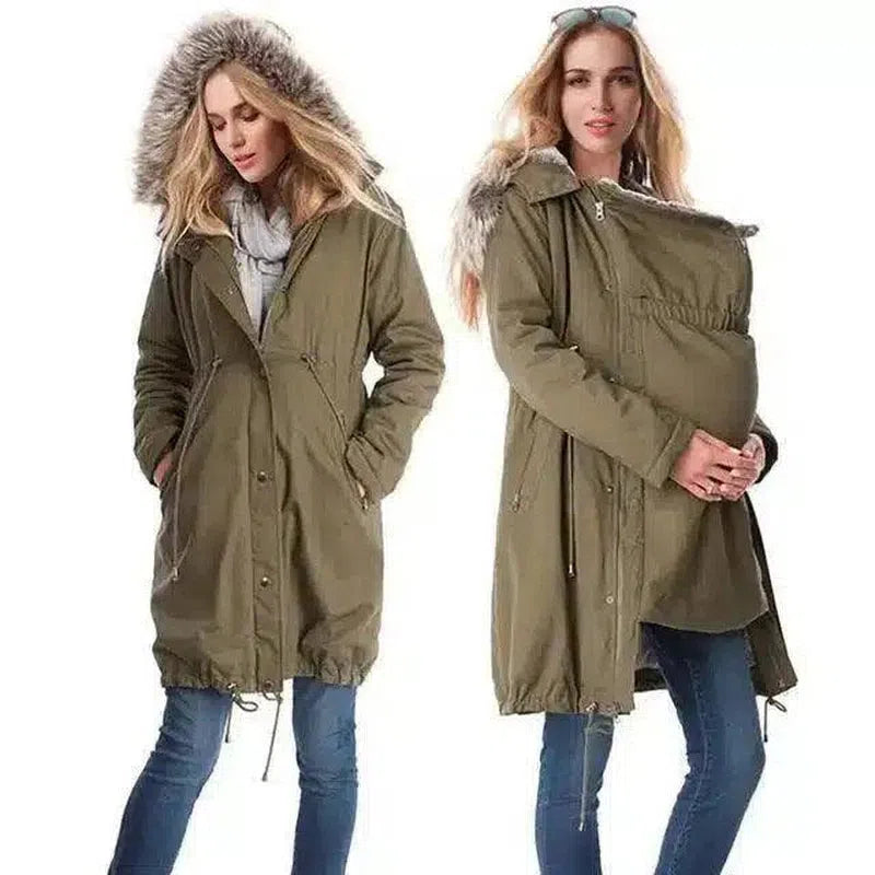 Winter Coat with Fur Hood and Button Closure-Army Green-2