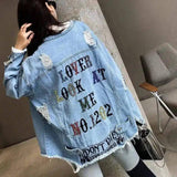 LOVEMI - Lovemi - Color Sequin Letters Frayed Holes Loose Denim