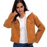 Corduroy lambskin padded jacket long-Khaki-4