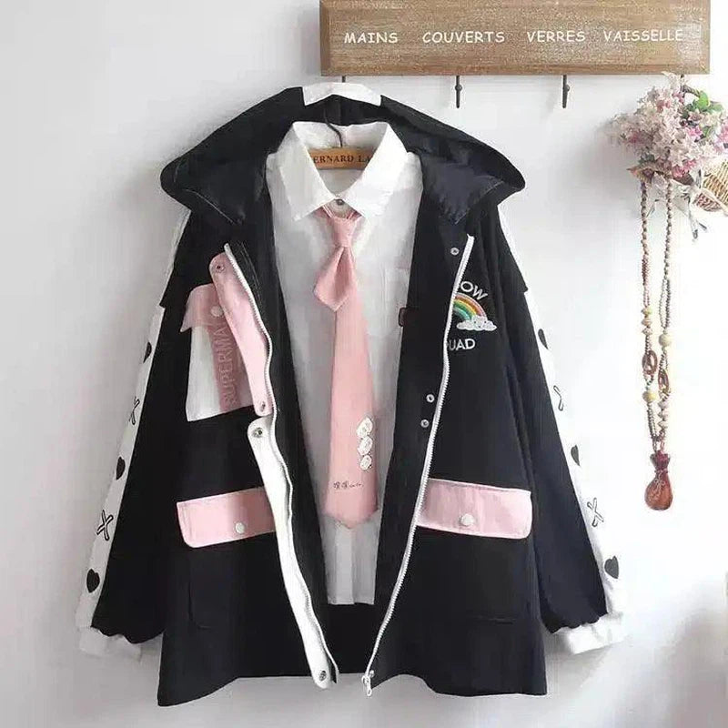 Hooded Casual Jacket with Rainbow Patch-Black-5