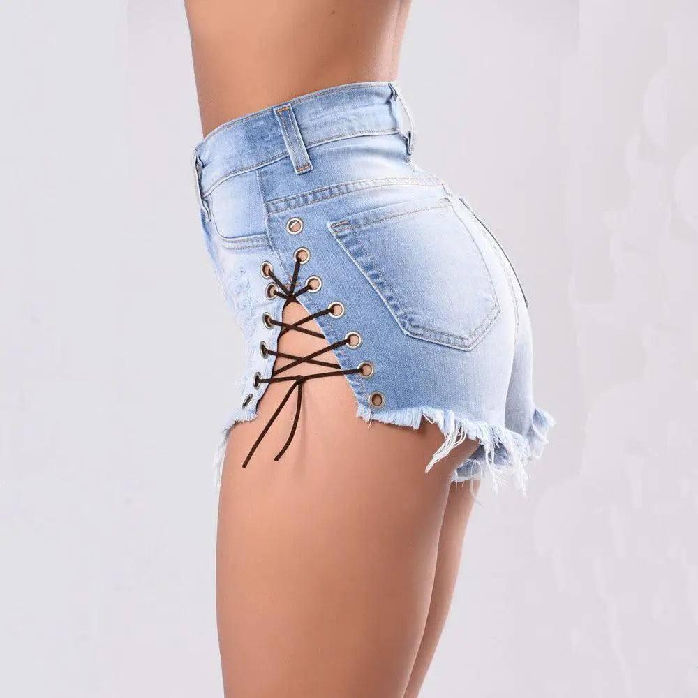 LOVEMI - Lovemi - Cutoff Side Lacing Jeans Shorts