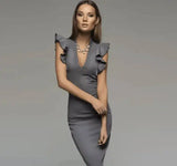 deep V-neck lotus leaf sleeve tight fit dress-Gray-7