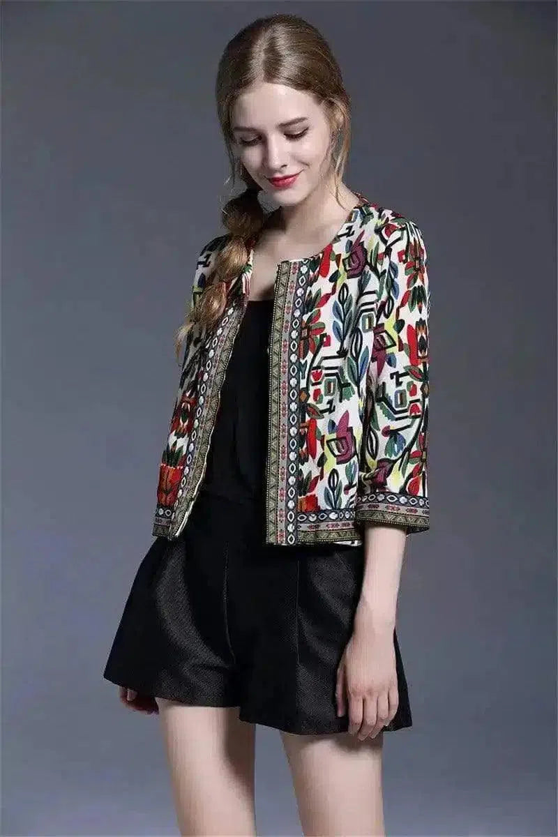 Floral Embroidered Women's Jacket-Camel-1