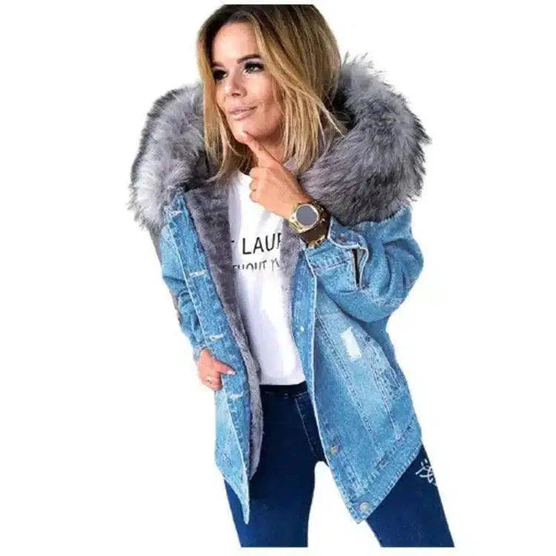 LOVEMI - Lovemi - European And American Retro Big Fur Collar Denim