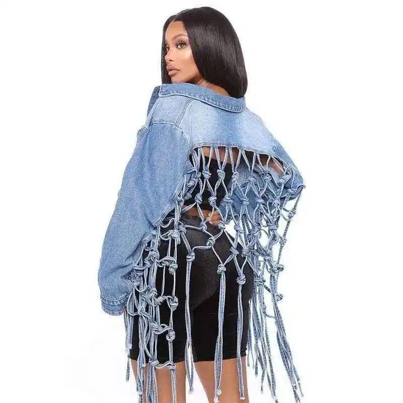 LOVEMI - Lovemi - Fashion Ladies Mesh Fringed Denim Jacket