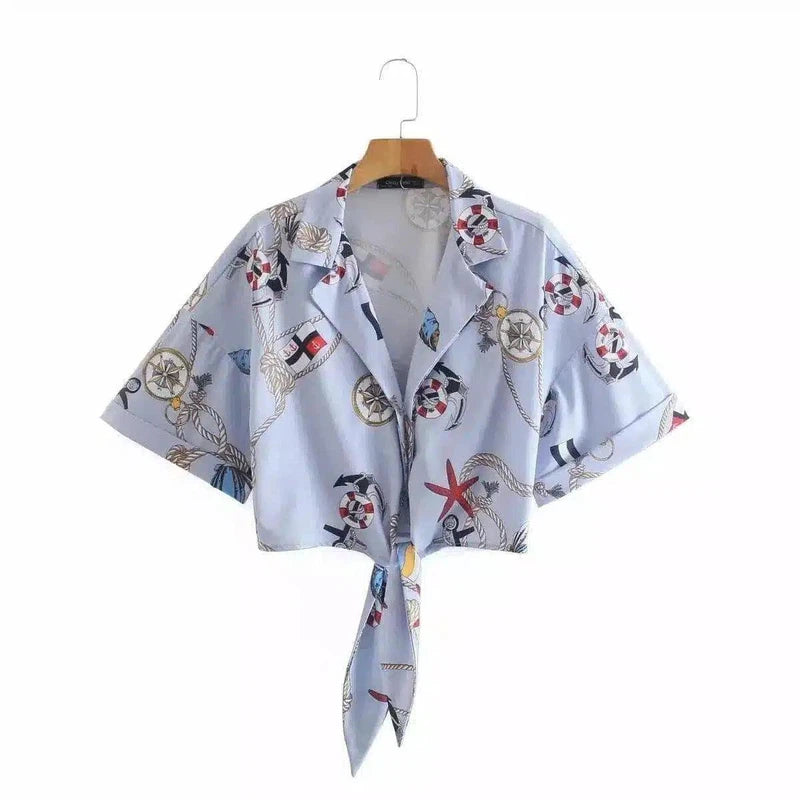 Women's Nautical Print Tie-Front Shirt-Picture color-1