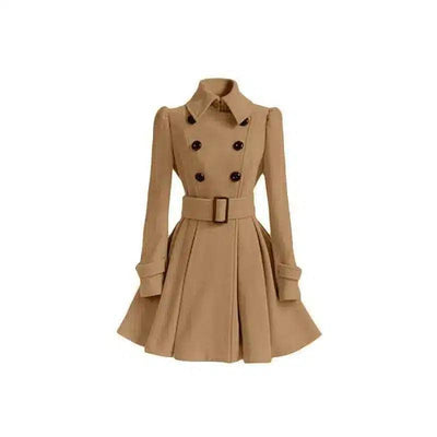 Fashion Slim Long Women's Woolen Coat-Khaki-1