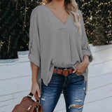 Fashion Solid Color V-Neck Long-Sleeved Casual Loose Shirt-Grey-2