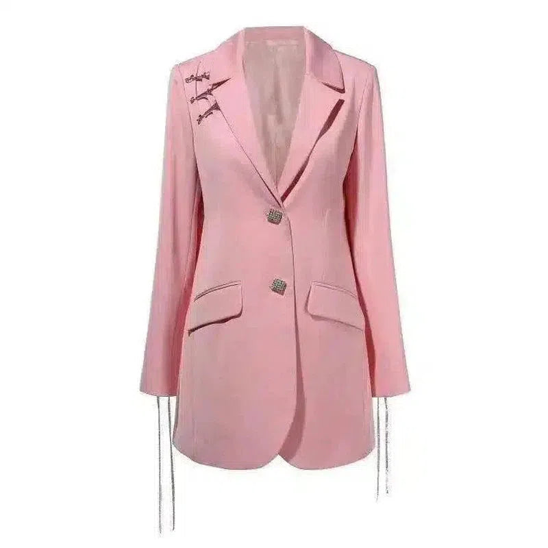 Women's Elegant Blazer Dress with Crystal Buttons-Pink-2