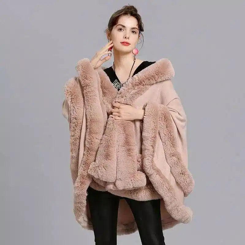 LOVEMI - Lovemi - Faux Fox Fur Collar Fur Hooded Knit Cardigan Cape