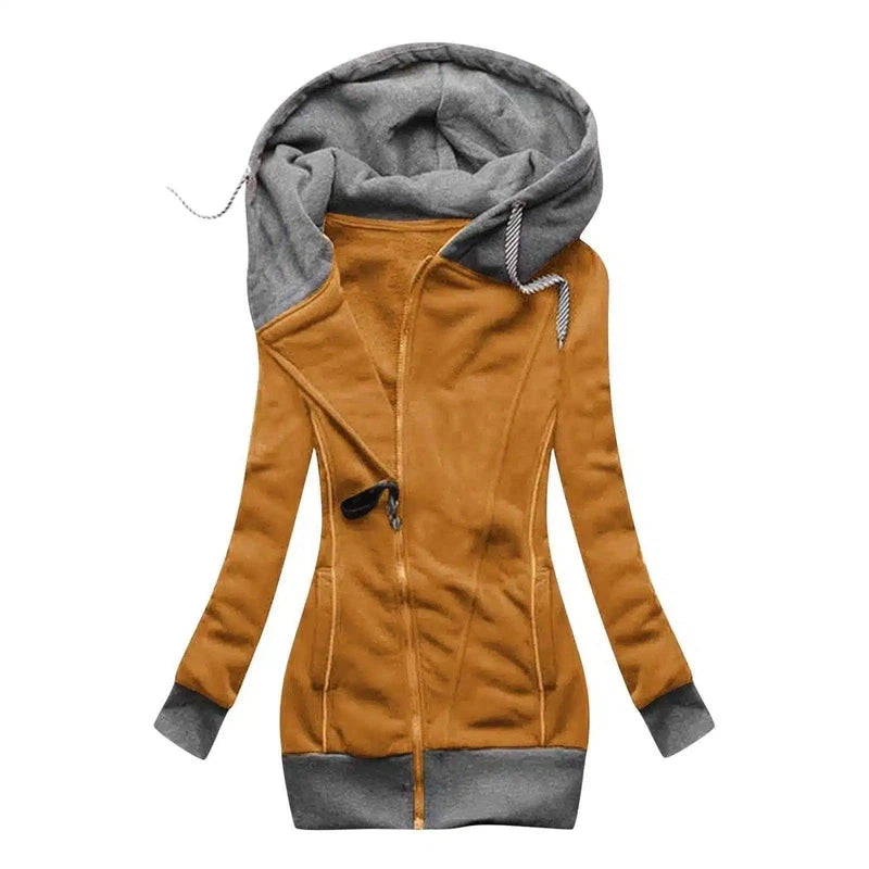Women's Hooded Zip-Up Sweatshirt Jacket-Khaki-2