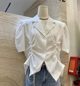 Women's Short Sleeve Blazer Top with Cinched Waist-White-3