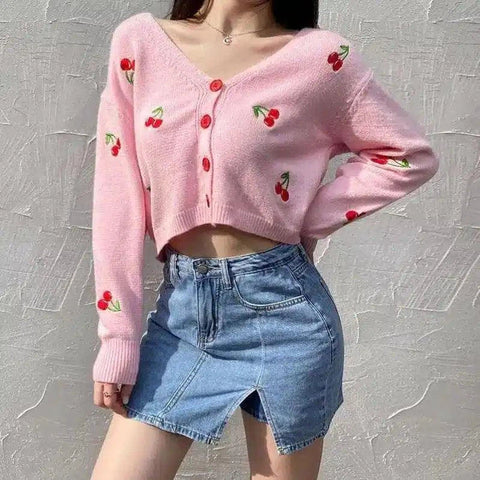 LOVEMI - Lovemi - Knit Sweater Women Cherry Embroidery All-match