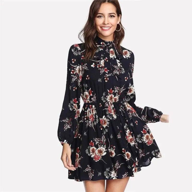 LOVEMI - Lovemi - Lace-up long-sleeved elastic waist print dress