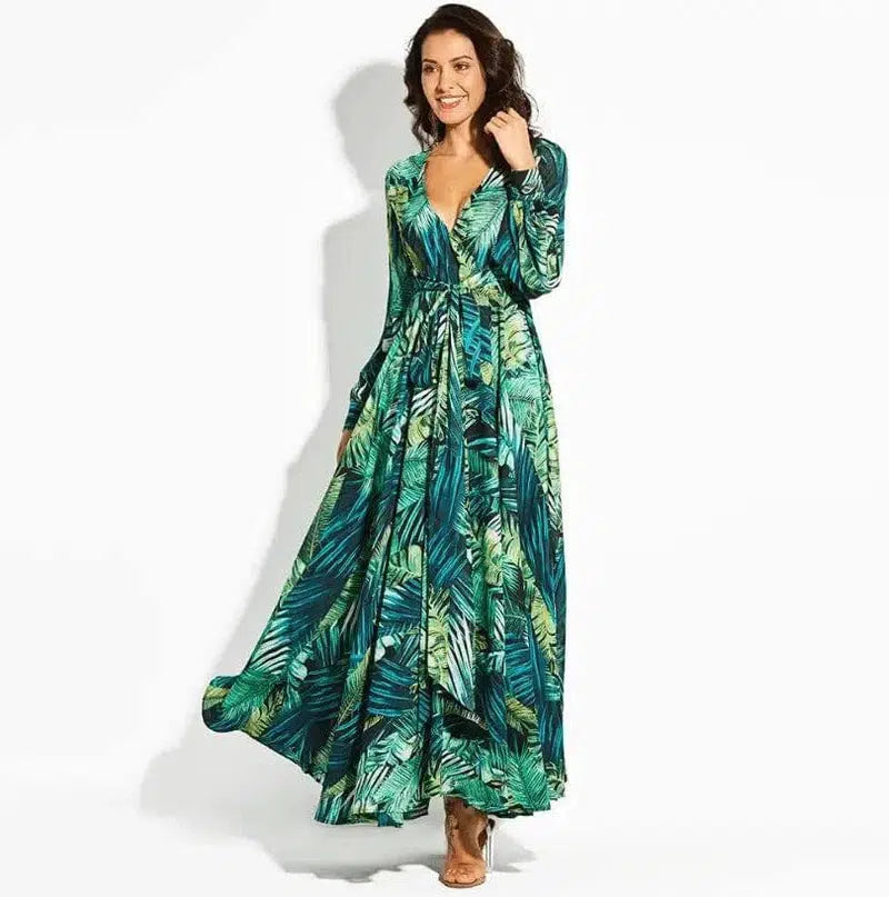 LOVEMI - Lovemi - Lantern Sleeve V-neck Green Leaf Print Sk