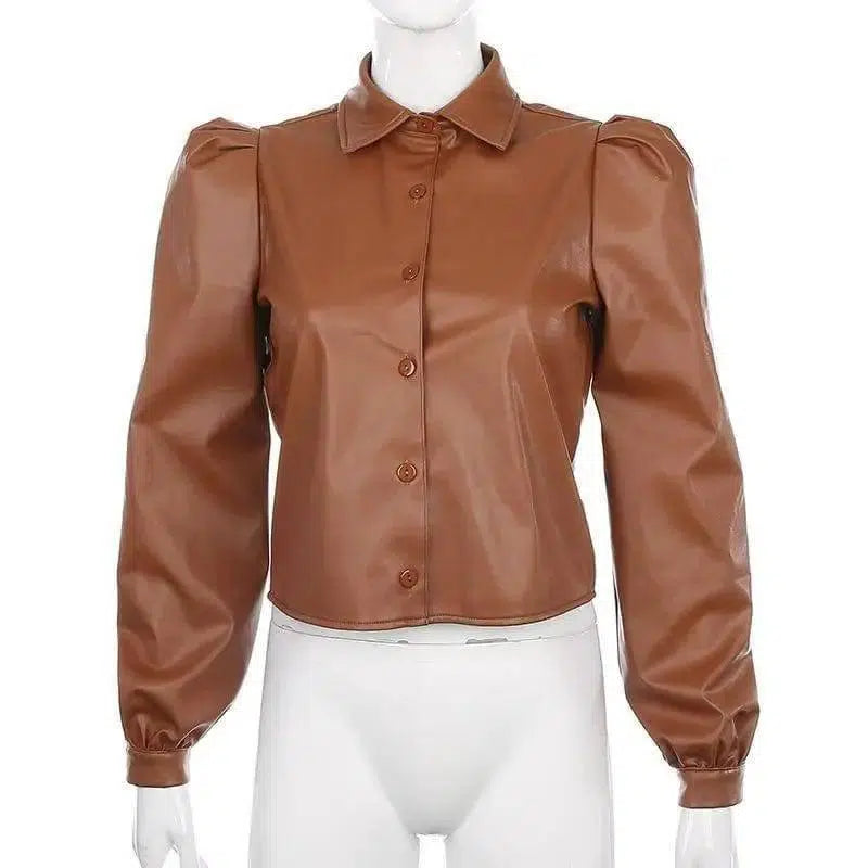 LOVEMI - Lovemi - Long Puff Sleeve Turn Down Collar Women Leather