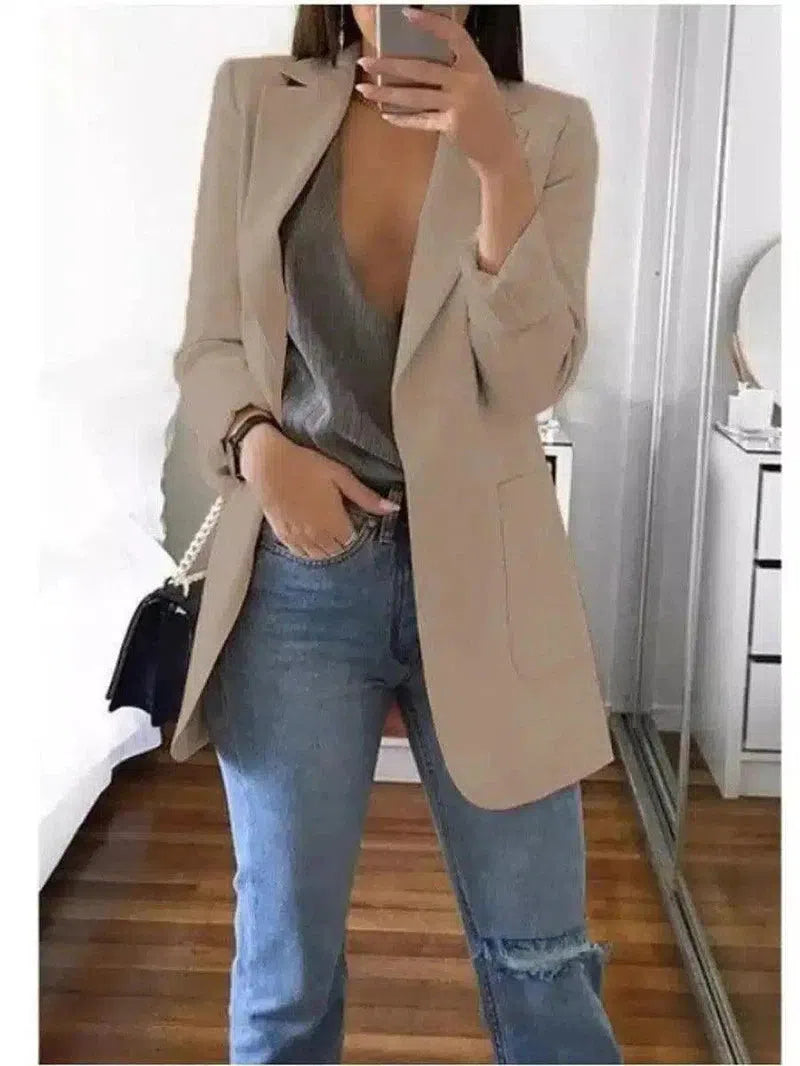 Chic Blazer and Jeans Ensemble for Women-Khaki-1