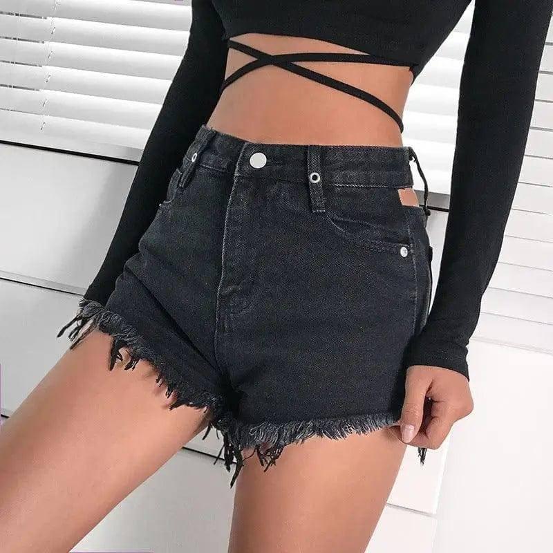 LOVEMI - Lovemi - Old hairskin high waist cutout denim shorts