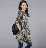 LOVEMI - Lovemi - Retro Print Long Sleeve Loose Shirt Mid-length