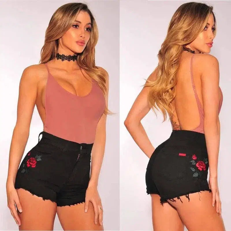 Rose Embroidered Denim Shorts-Black-9