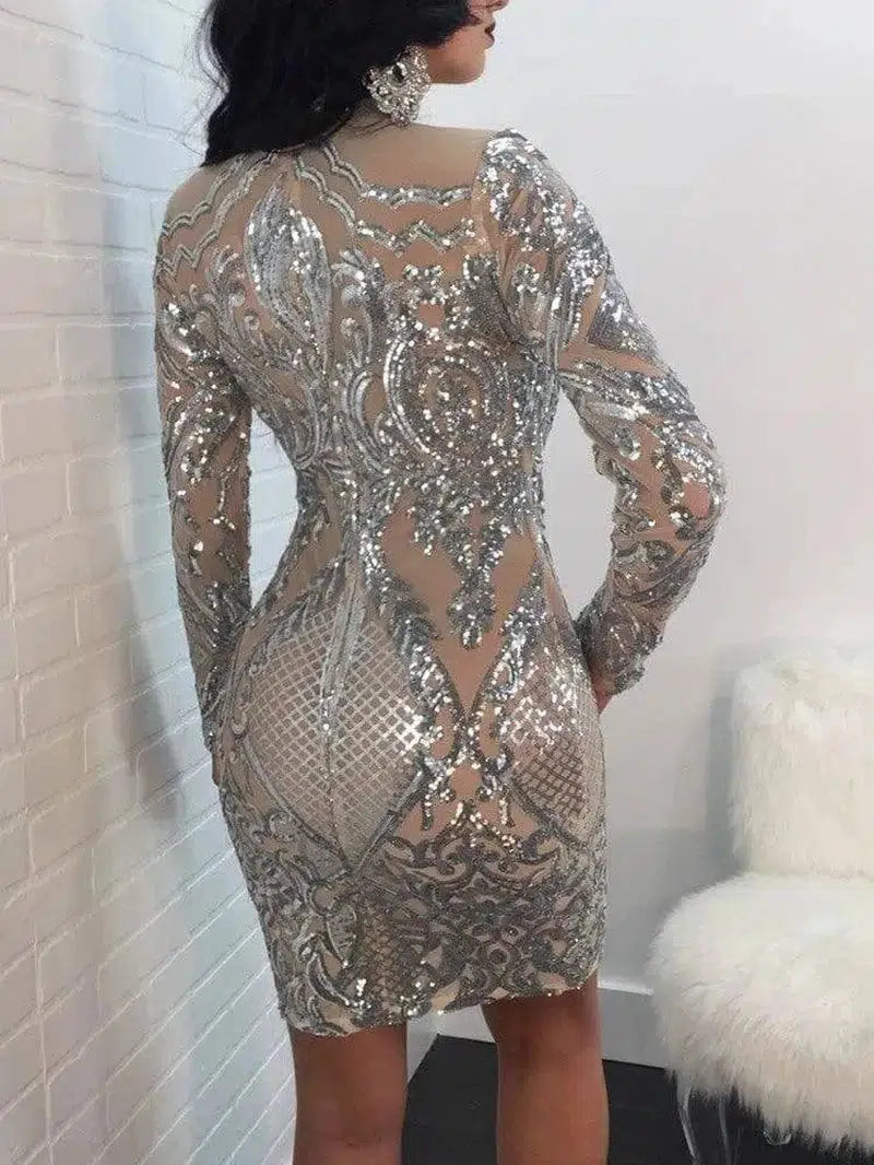 LOVEMI - Lovemi - Sexy High Neck Long Sleeve Sequin Elegant Party