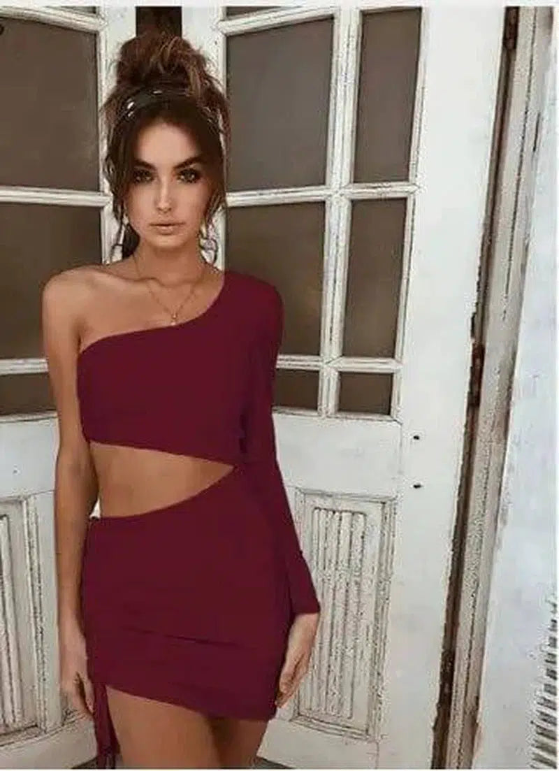 One Shoulder Cutout Long Sleeve Hip Dress-Claret-35