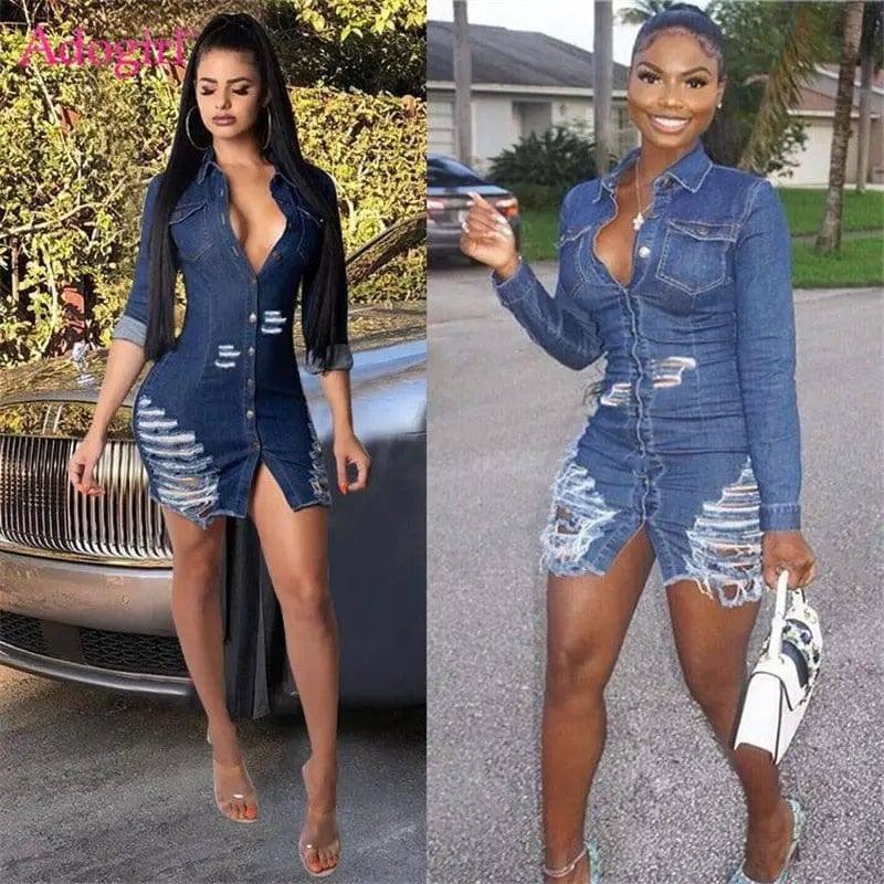 Shredded denim dress denim casual dress-1