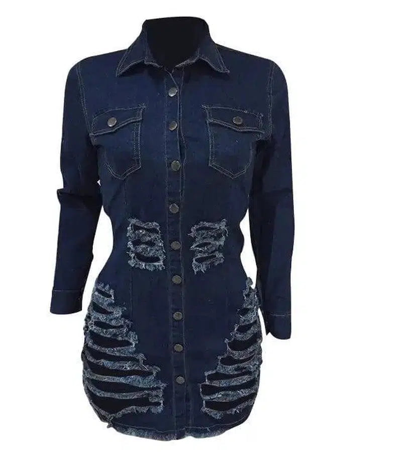 Shredded denim dress denim casual dress-NavyBlue-14