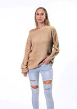 Off-Shoulder Knit Sweater for Women-Khaki-5