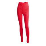 Solid color pleated leggings-Red-5