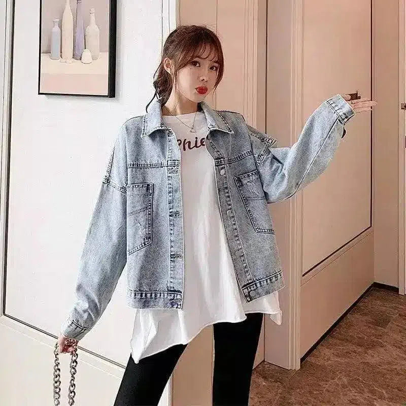 Womens Casual Oversized Denim Jacket-Blue-2