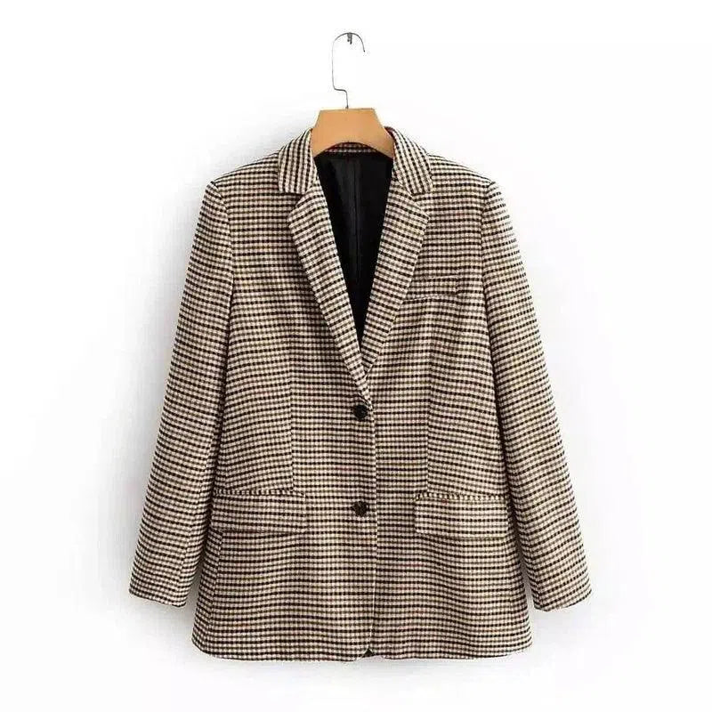 Women's Houndstooth Blazer Jacket-Khaki-1