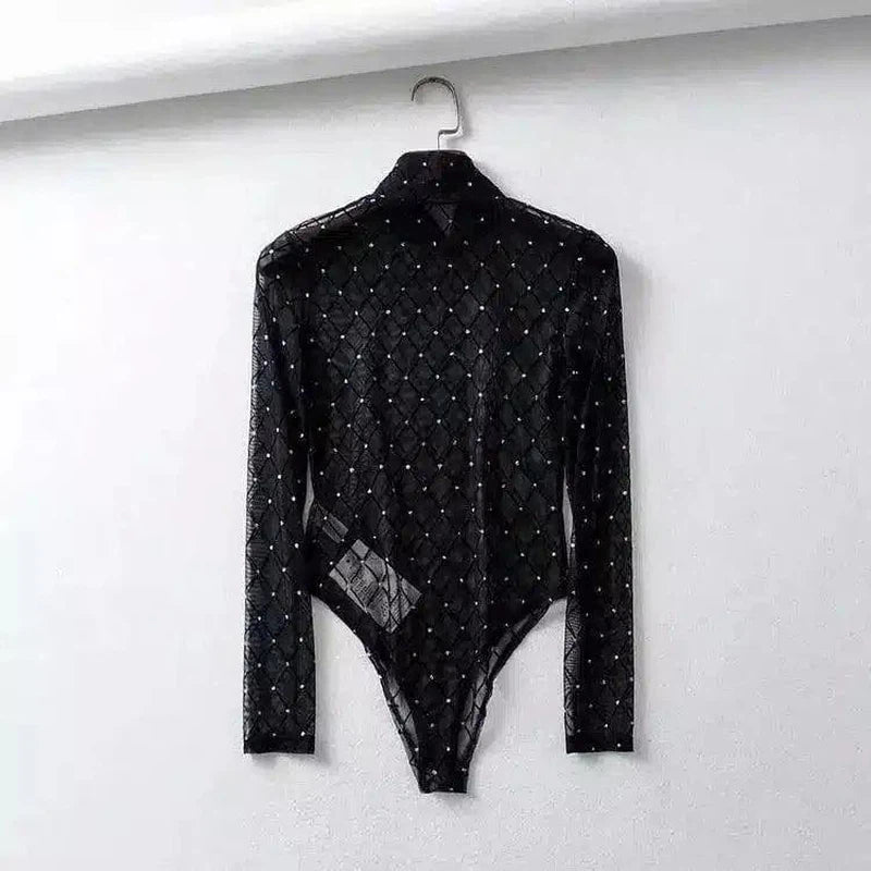 Embellished Mesh Bodysuit with Long Sleeves-Black-2