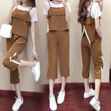 Women's Layered Top and Cropped Pants Set-Brown-1