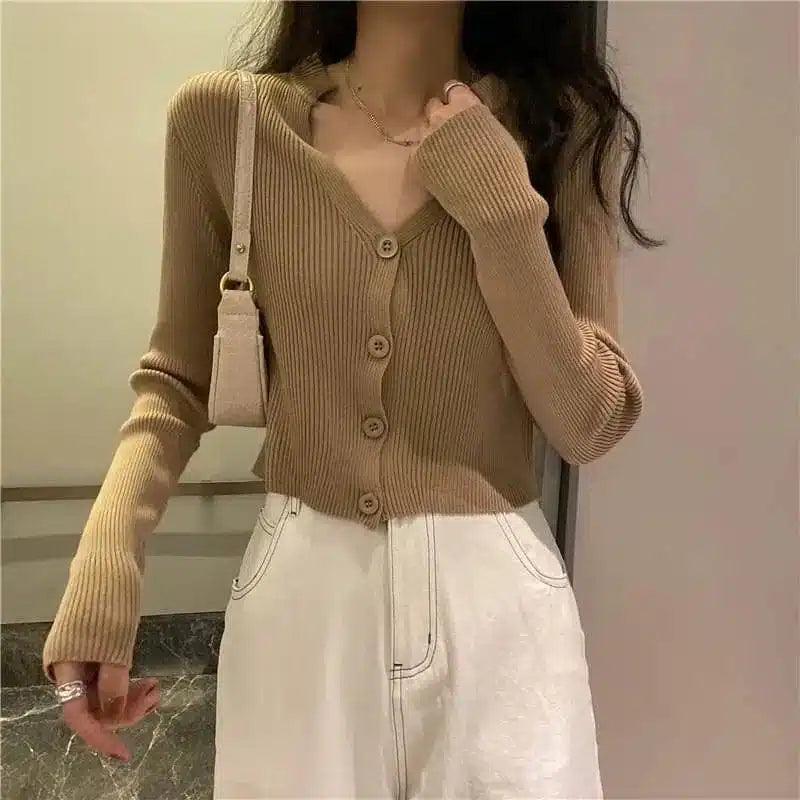 LOVEMI - Lovemi - V-neck Knitted Sweater Cardigan Women's Trendy Top