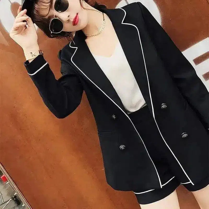 Women's Tailored Blazer with Piping Detail-Black-1