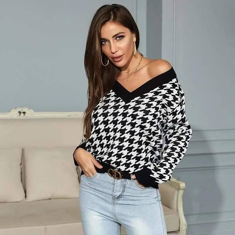 LOVEMI - Lovemi - Women Long-Sleeved Houndstooth Jacquard V-Neck