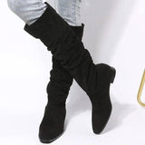 Low Heel Boot Women Faux Suede Pointed Toe Boots Pleated-Black-2