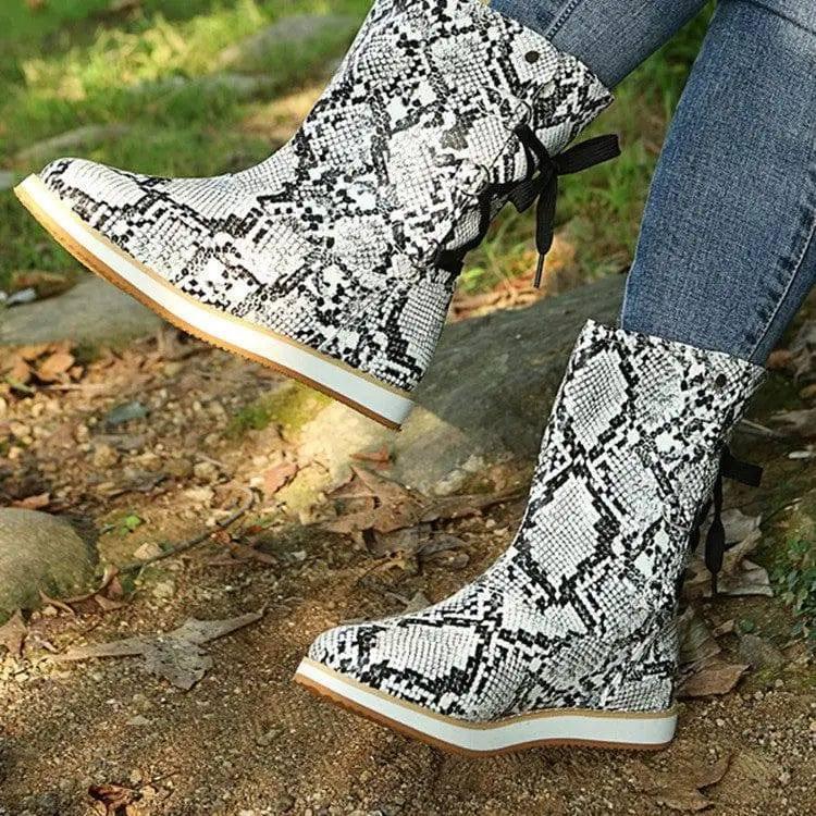 Low Heel Platform Boots Back Lace-up Shoes Women Cowgirl-Snake-5