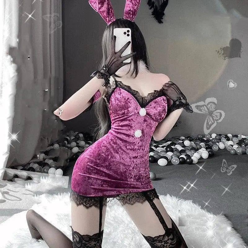 Manyan Lingerie Sling Lace Lace Hollow Royal Sister Bunny-Fuchsia-2