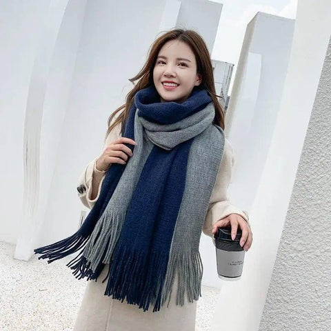Men's And Women's Fashion Two-color Patchwork Tassel Warm-Navy grey-10