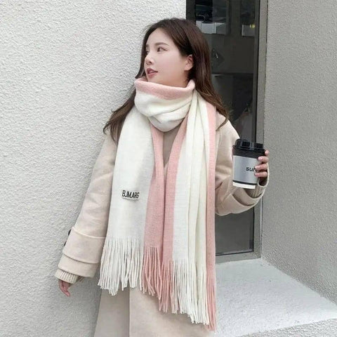 Men's And Women's Fashion Two-color Patchwork Tassel Warm-White Pink-9