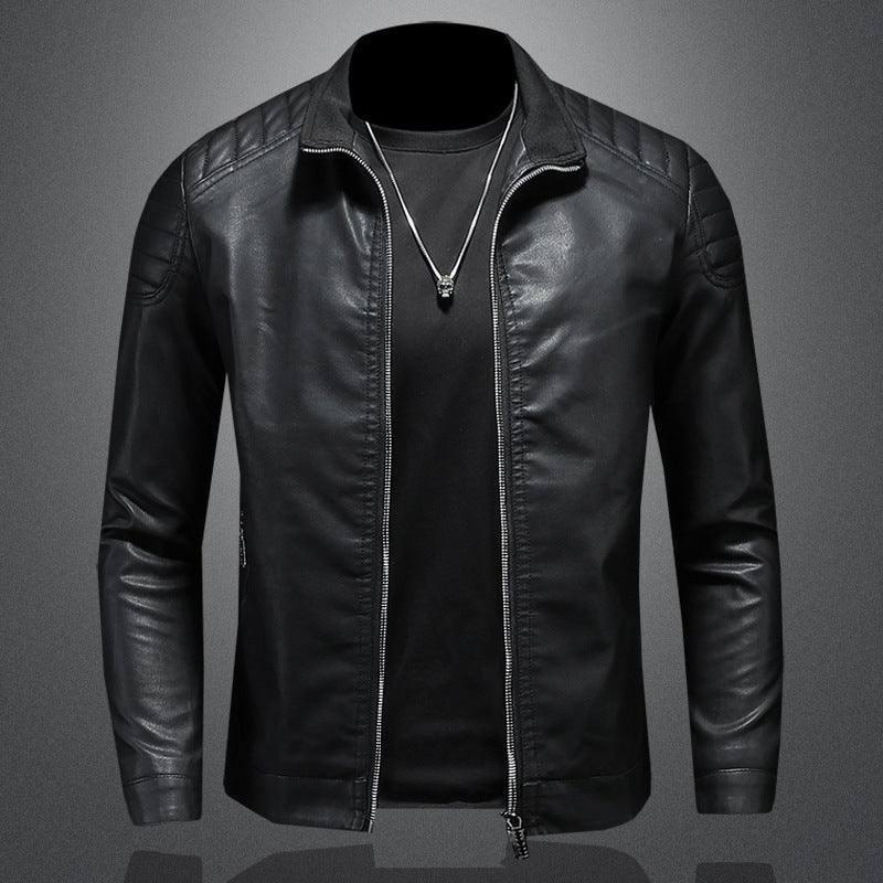 Men's Leather Motorcycle Jacket Thin Coat-Black-2