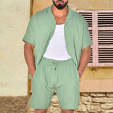 Men's Loose Stretch Casual Cotton Linen Two-piece Suit-Green-1