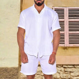 Men's Loose Stretch Casual Cotton Linen Two-piece Suit-White-2