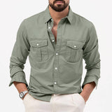 Men's Shirt Multi-pocket Solid Color Casual Long Sleeves Top-Gray Green-5