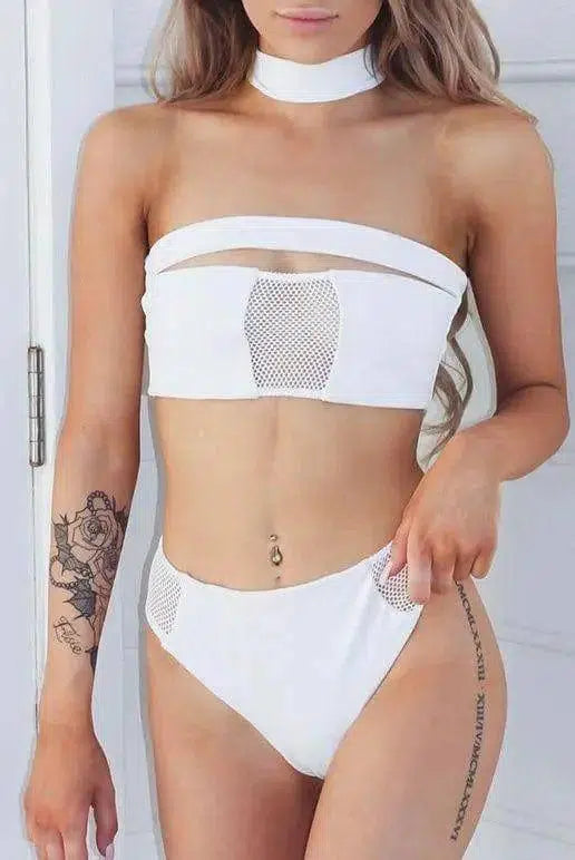 stitching bikini bandage openwork swimsuit solid-White-1